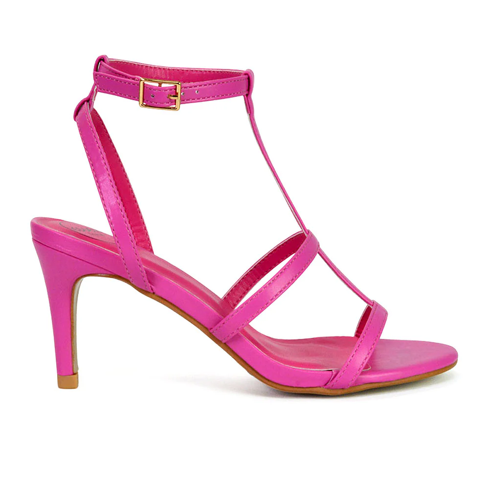 Beaux Caged Cut Out Detail Mid High Heel Stiletto Ankle Strappy Sandals in Red - Image 67