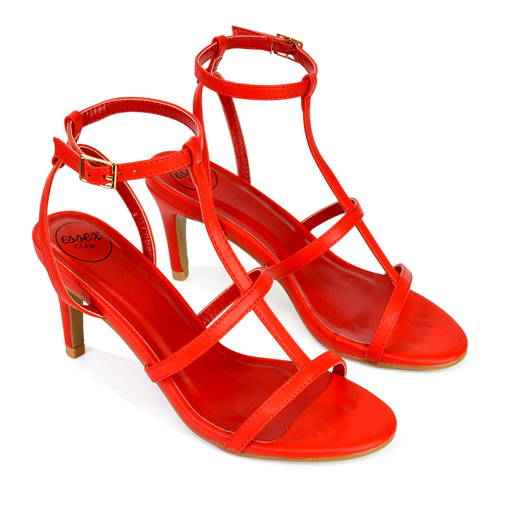 Beaux Caged Cut Out Detail Mid High Heel Stiletto Ankle Strappy Sandals in Red - Image 9