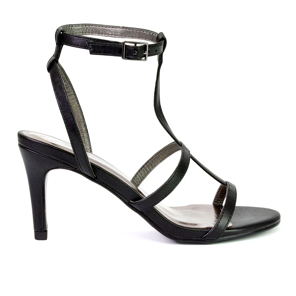 Beaux Caged Cut Out Detail Mid High Heel Stiletto Ankle Strappy Sandals in White - Image 87