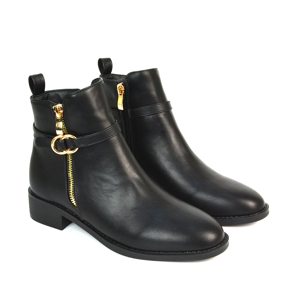 Bella Casual Flat Heel Zip Up Chelsea Ankle Boots in Black Synthetic Leather - Image 3