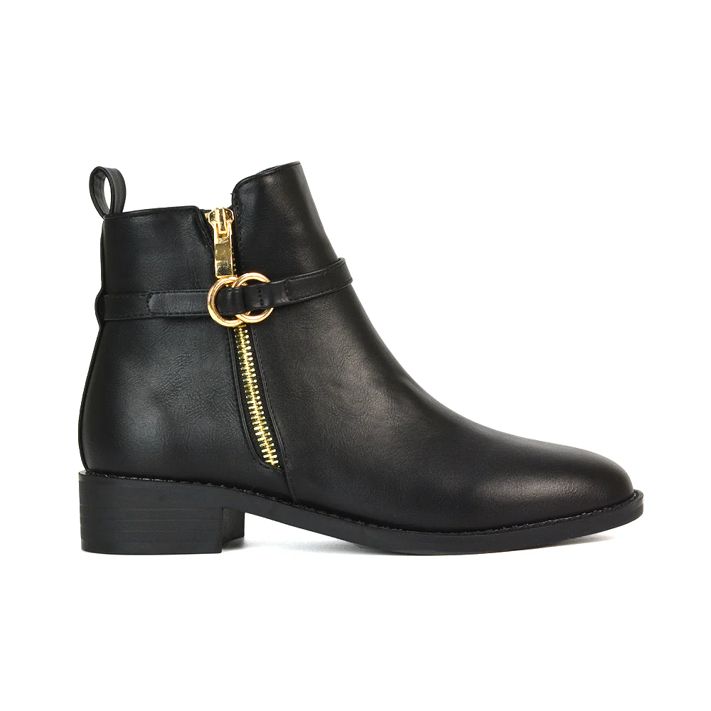 Bella Casual Flat Heel Zip Up Chelsea Ankle Boots in Black Synthetic Leather - Image 6