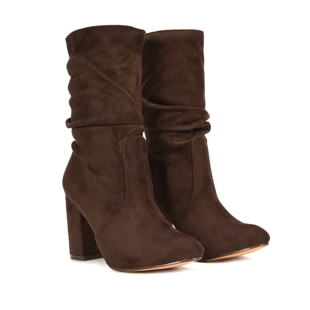 Belle Mid Block Heel Ruched Pull On Mid Calf Boots in Chocolate Faux Suede