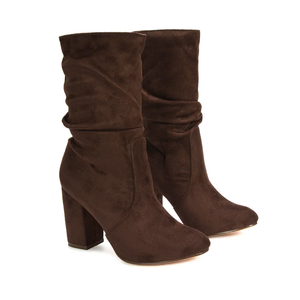 Belle Mid Block Heel Ruched Pull On Mid Calf Boots in Chocolate Faux Suede - Image 3