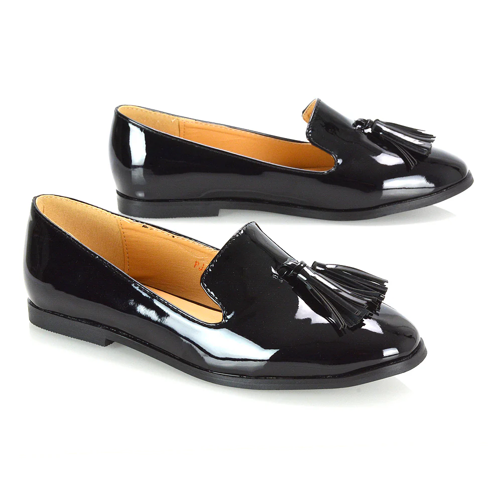 Betsy Slip on Pointed Toe Flat Tassel Detail Loafer Smart Shoes in Black Faux Suede - Image 17