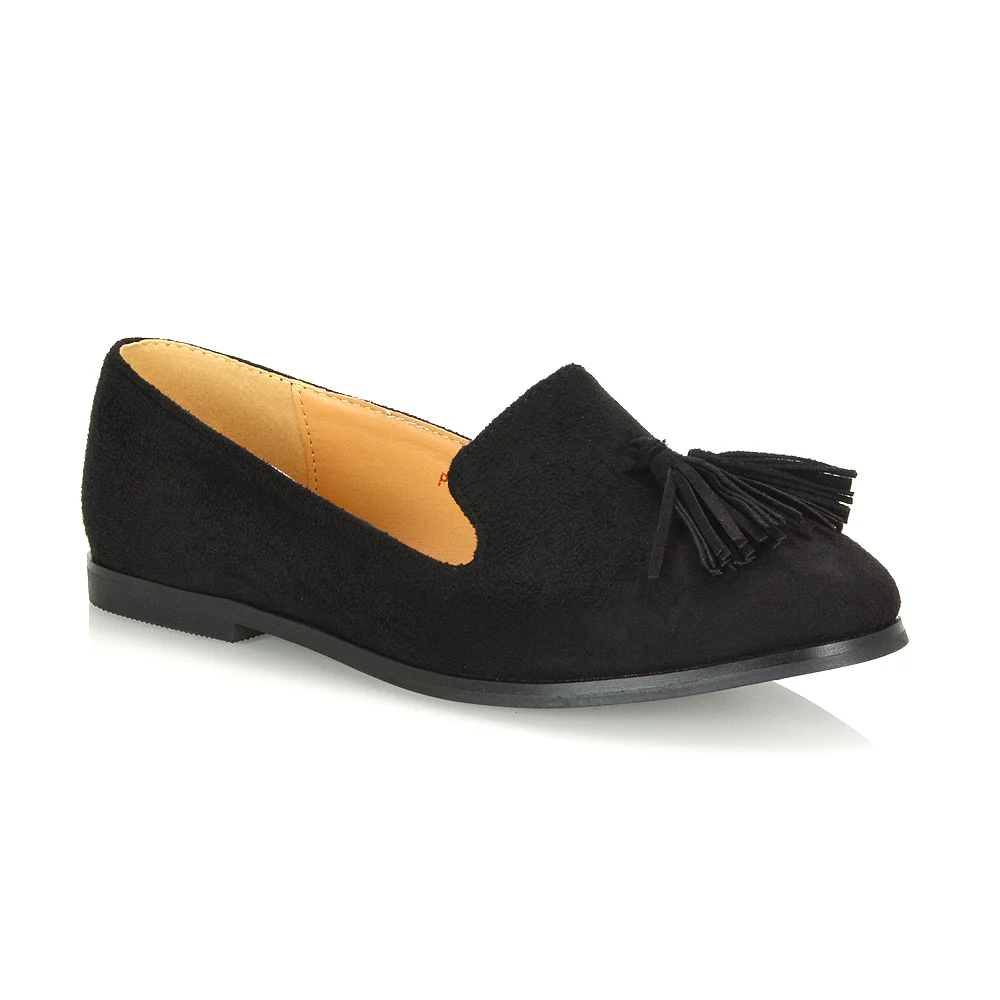 Betsy Slip on Pointed Toe Flat Tassel Detail Loafer Smart Shoes in Black PU - Image 12