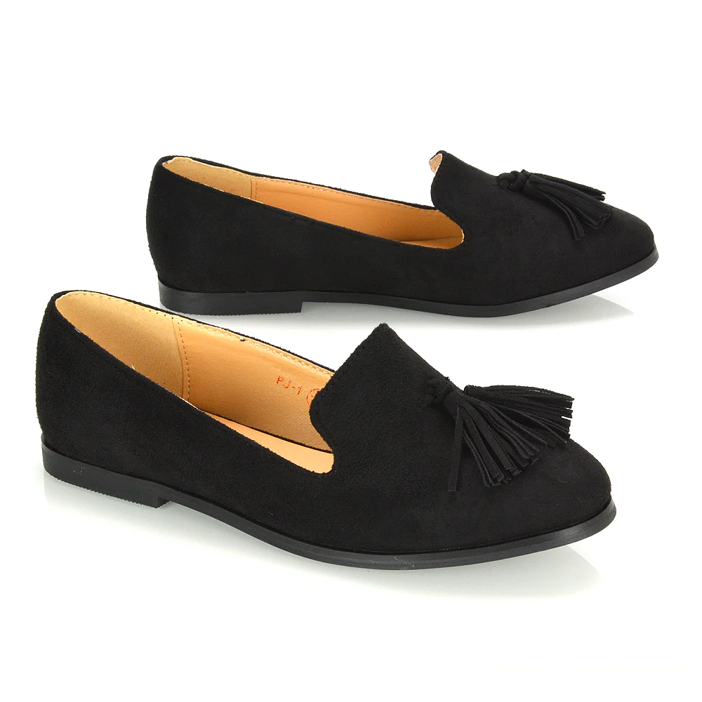 Betsy Slip on Pointed Toe Flat Tassel Detail Loafer Smart Shoes in Black PU - Image 13