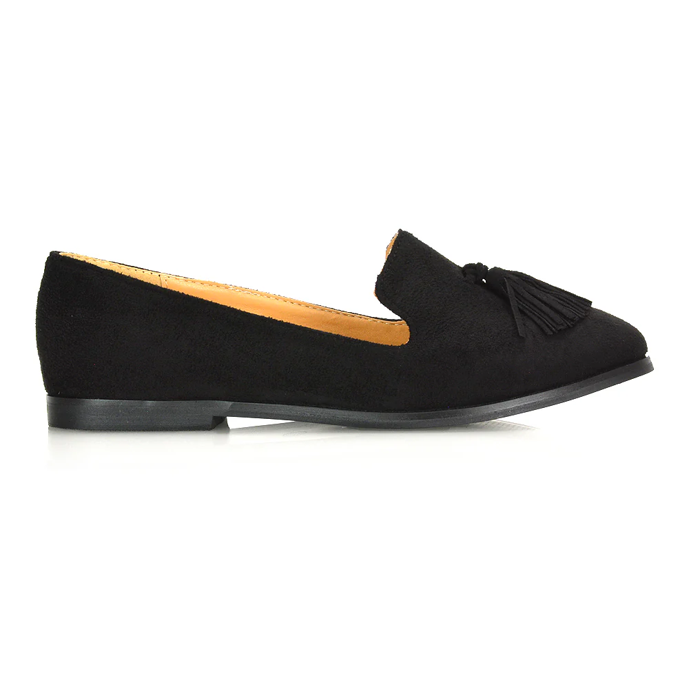 Betsy Slip on Pointed Toe Flat Tassel Detail Loafer Smart Shoes in Black PU - Image 14