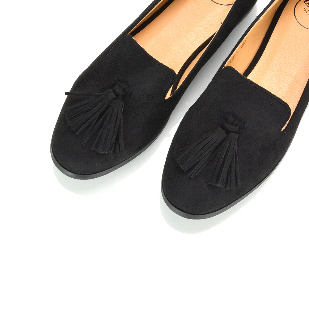 Betsy Slip on Pointed Toe Flat Tassel Detail Loafer Smart Shoes in Black PU - Image 15
