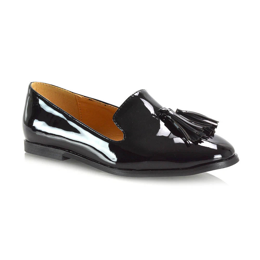 Betsy Slip on Pointed Toe Flat Tassel Detail Loafer Smart Shoes in Black PU - Image 17
