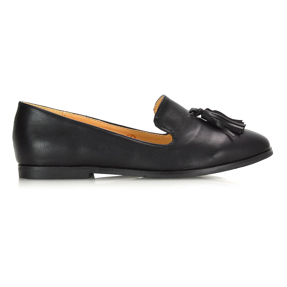 Betsy Slip on Pointed Toe Flat Tassel Detail Loafer Smart Shoes in Black PU - Image 2