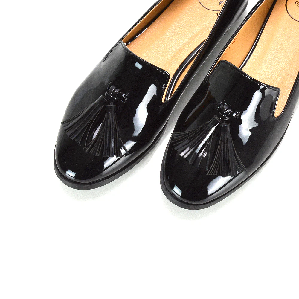 Betsy Slip on Pointed Toe Flat Tassel Detail Loafer Smart Shoes in Black PU - Image 20