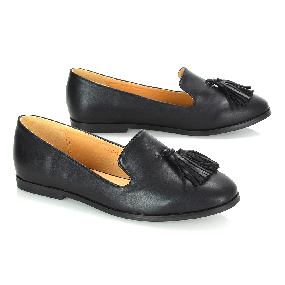 Betsy Slip on Pointed Toe Flat Tassel Detail Loafer Smart Shoes in Black PU - Image 3
