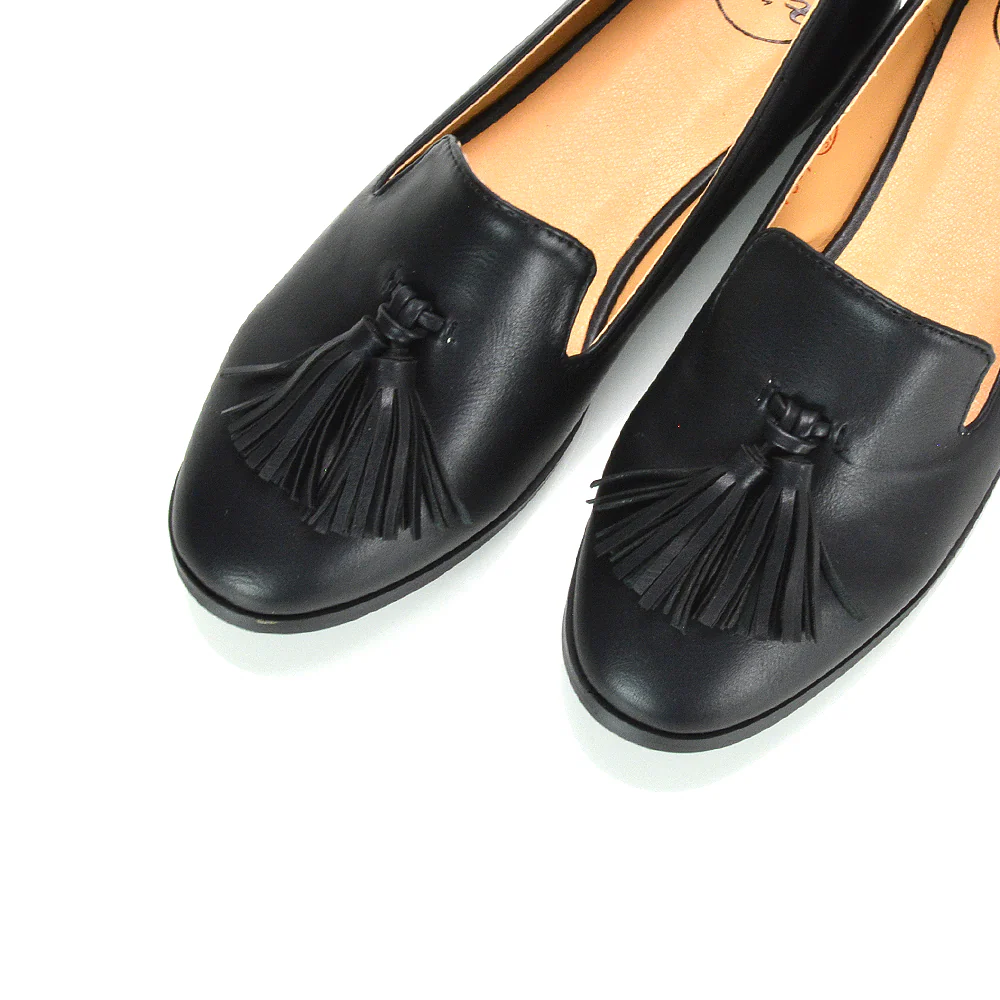 Betsy Slip on Pointed Toe Flat Tassel Detail Loafer Smart Shoes in Black PU - Image 4
