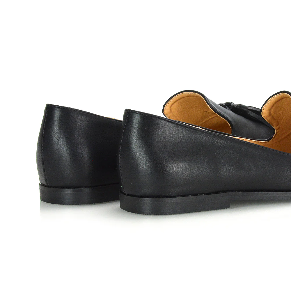 Betsy Slip on Pointed Toe Flat Tassel Detail Loafer Smart Shoes in Black PU - Image 5
