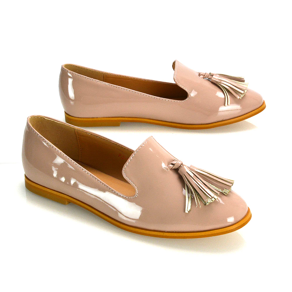 Betsy Slip on Pointed Toe Flat Tassel Detail Loafer Smart Shoes in Black PU - Image 8