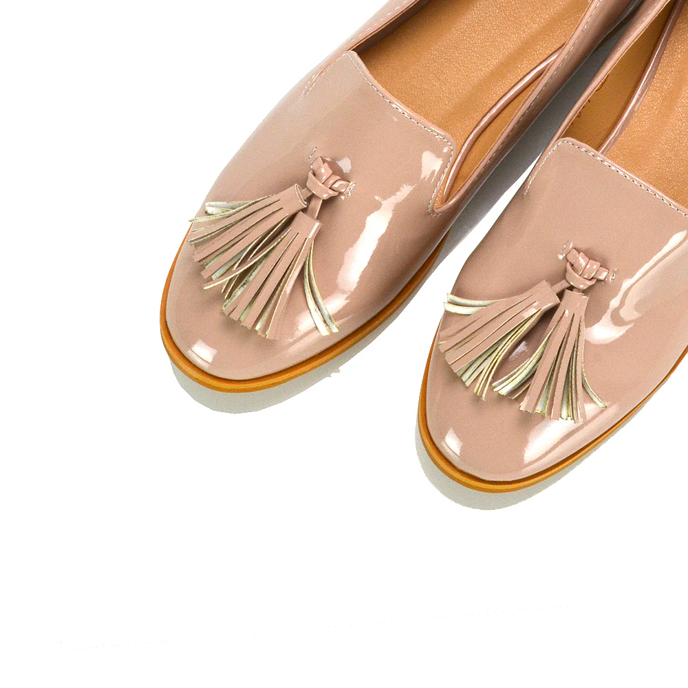 Betsy Slip on Pointed Toe Flat Tassel Detail Loafer Smart Shoes in Nude Patent - Image 4