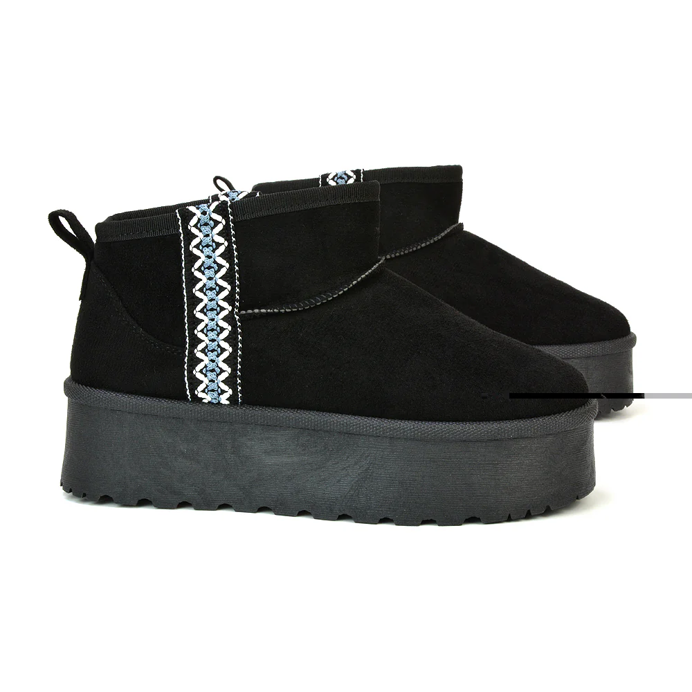 Bexley Aztec Ankle Platform Ultra Mini Boots With Faux Fur Insole in Black - Image 2