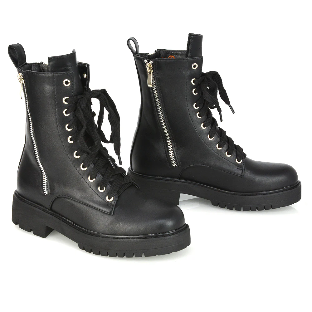 Bianca Flat Combat Lace up Chunky Military Biker Ankle Boots in Black Patent - Image 11