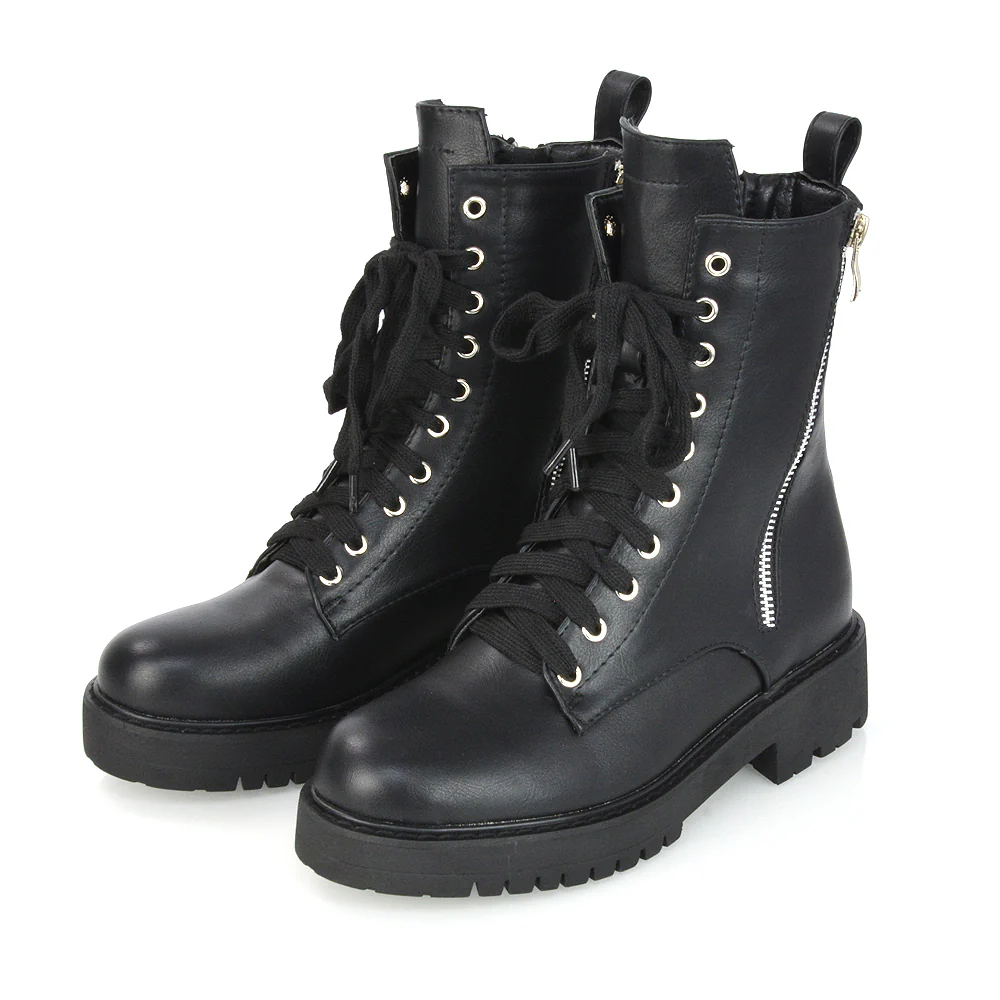 Bianca Flat Combat Lace up Chunky Military Biker Ankle Boots in Black Patent - Image 19