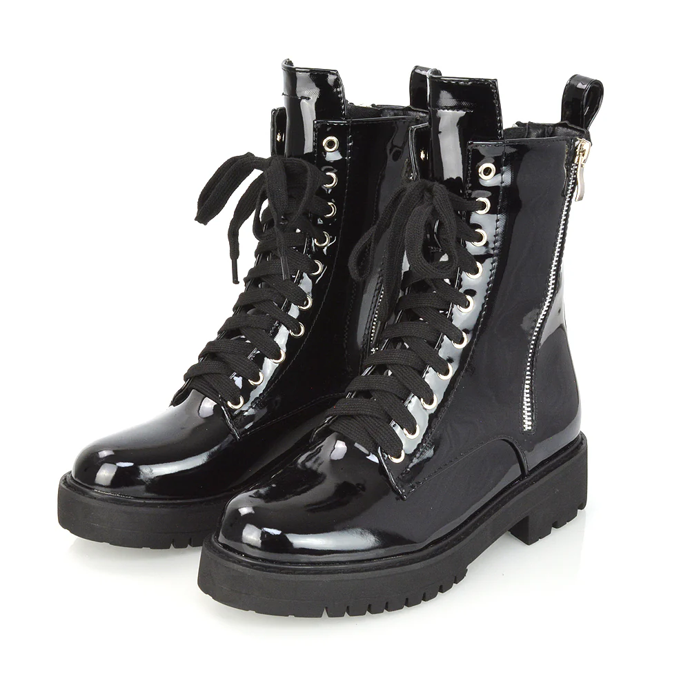 Bianca Flat Combat Lace up Chunky Military Biker Ankle Boots in Black Patent - Image 44