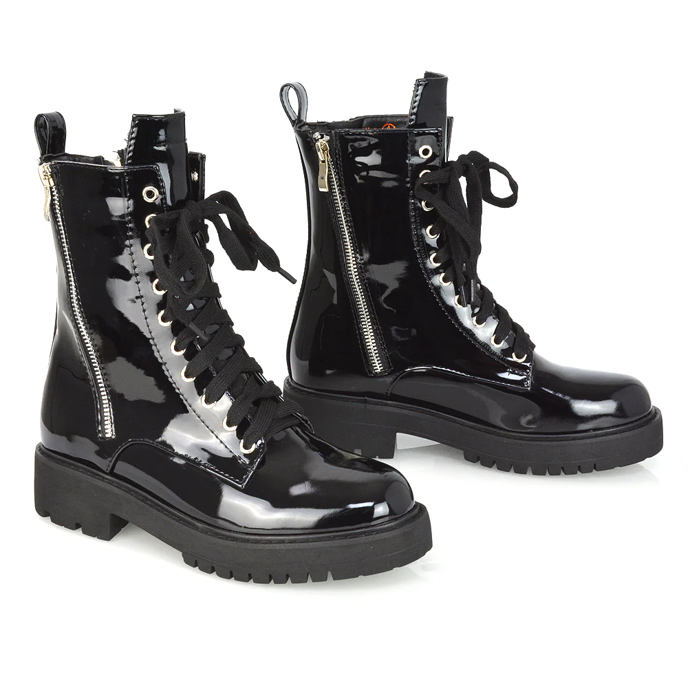 Bianca Flat Combat Lace up Chunky Military Biker Ankle Boots in Black Patent - Image 46