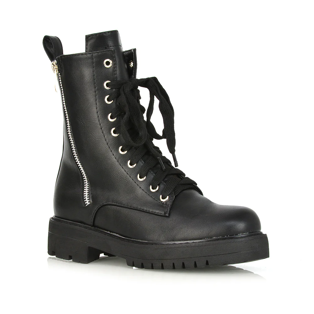 Bianca Flat Combat Lace up Chunky Military Biker Ankle Boots in Black Synthetic Leather - Image 32