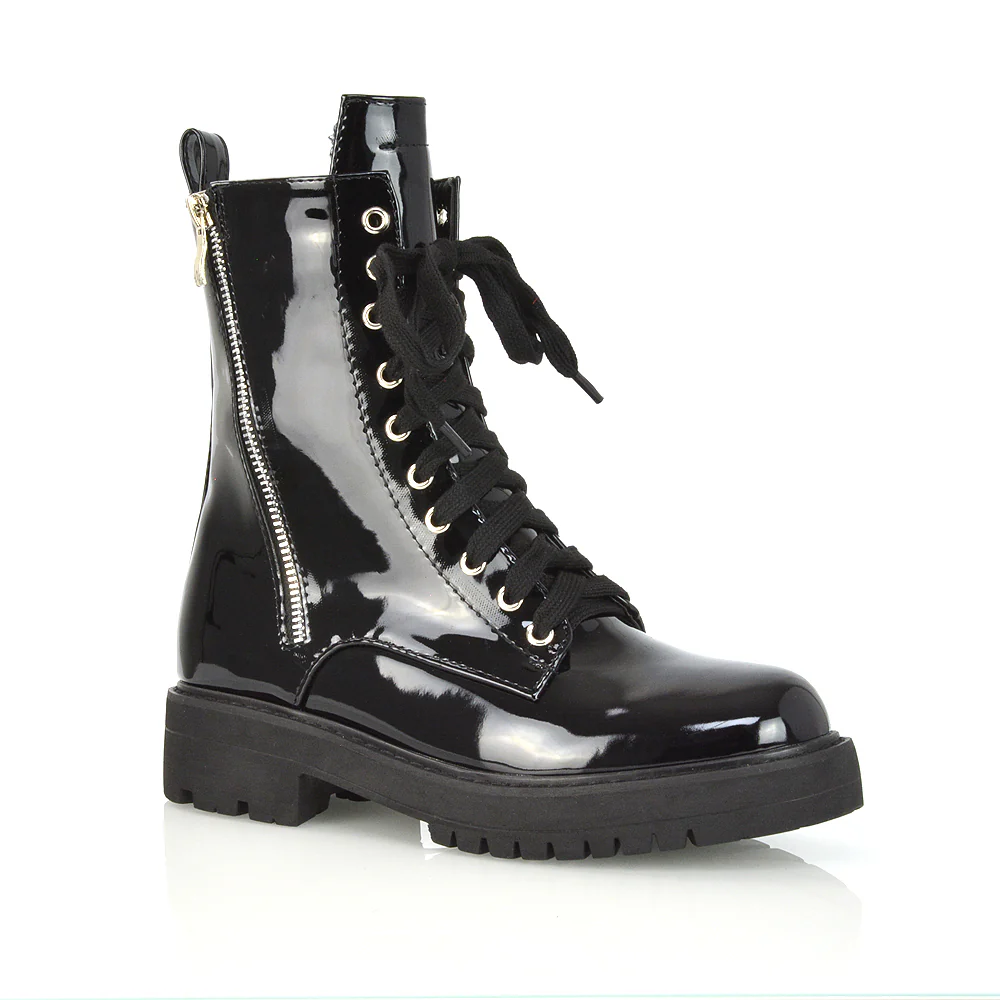Bianca Flat Combat Lace up Chunky Military Biker Ankle Boots in Black Synthetic Leather - Image 42