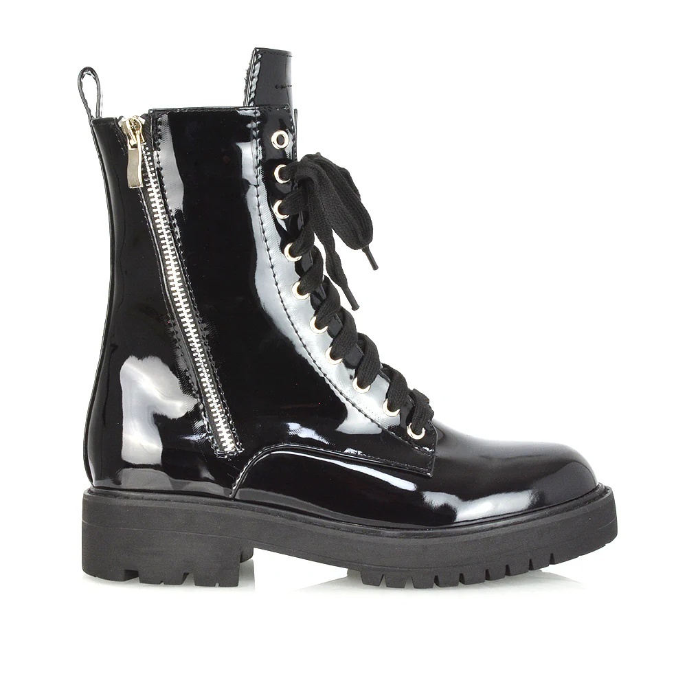 Bianca Flat Combat Lace up Chunky Military Biker Ankle Boots in Black Synthetic Leather - Image 48
