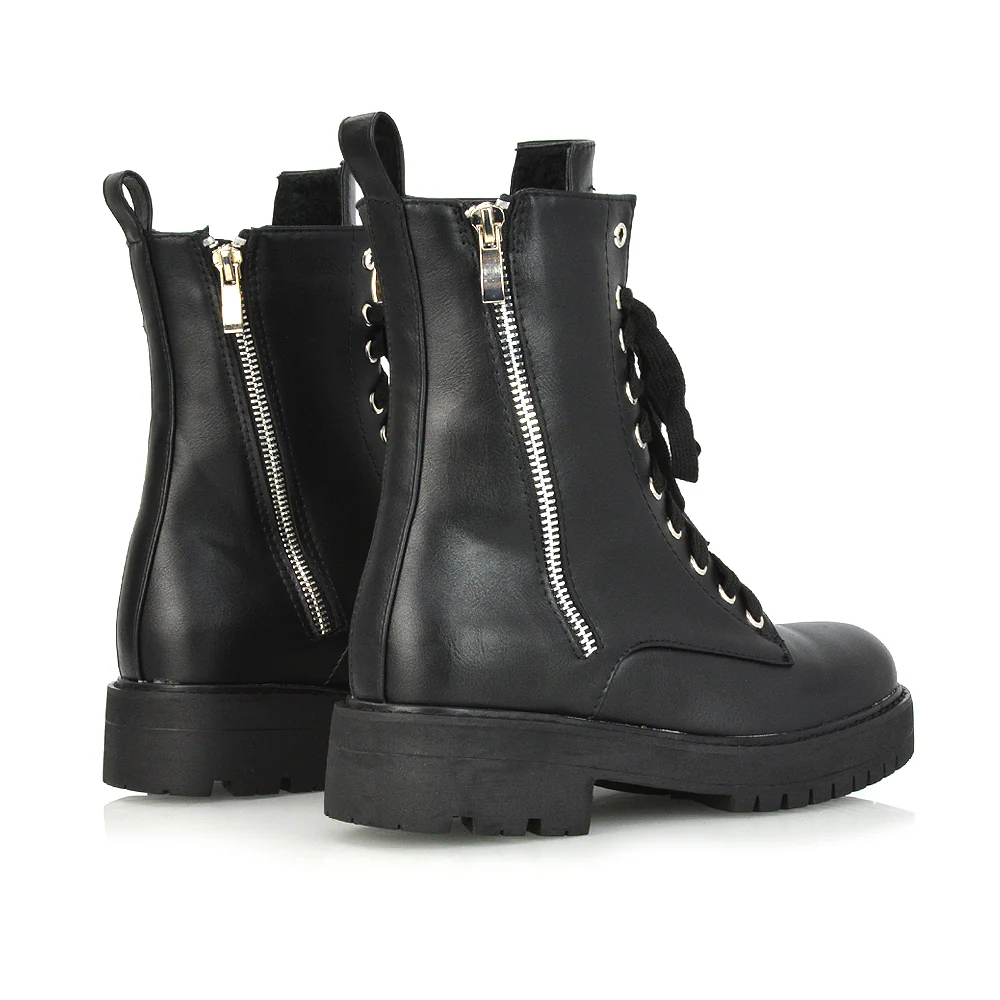 Bianca Flat Combat Lace up Chunky Military Biker Ankle Boots in Black Synthetic Leather - Image 5