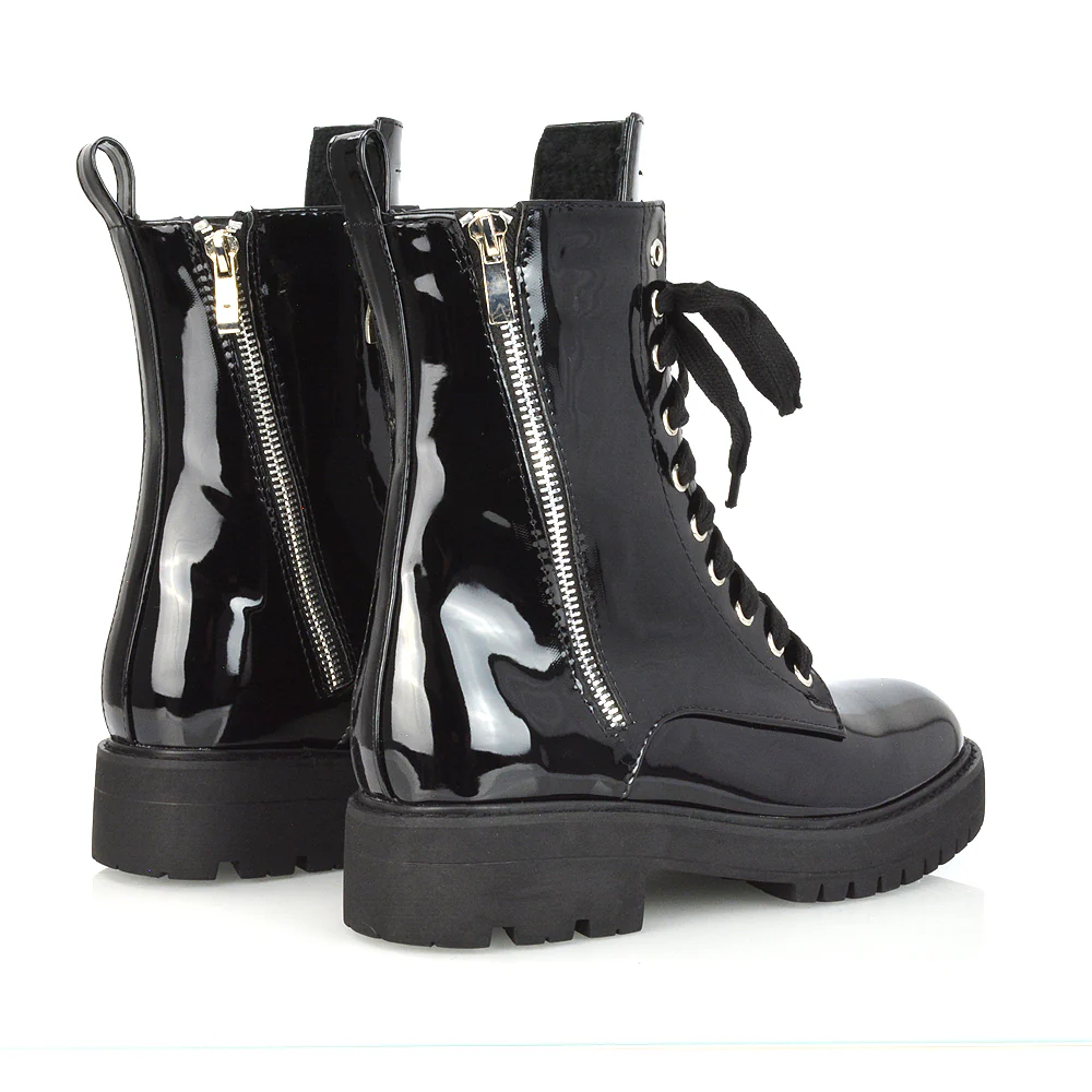 Bianca Flat Combat Lace up Chunky Military Biker Ankle Boots in Black Synthetic Leather - Image 50
