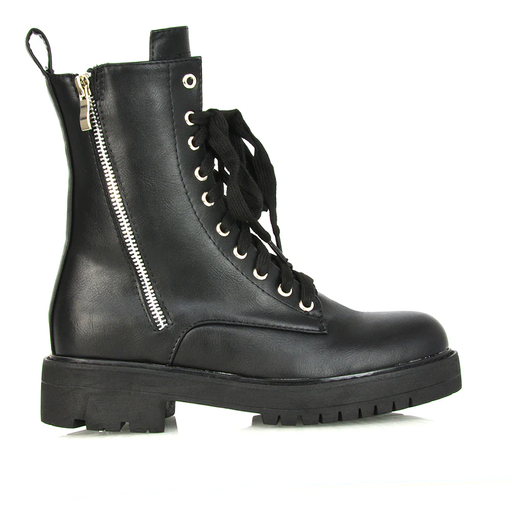 Bianca Flat Combat Lace up Chunky Military Biker Ankle Boots in Black Synthetic Leather - Image 8