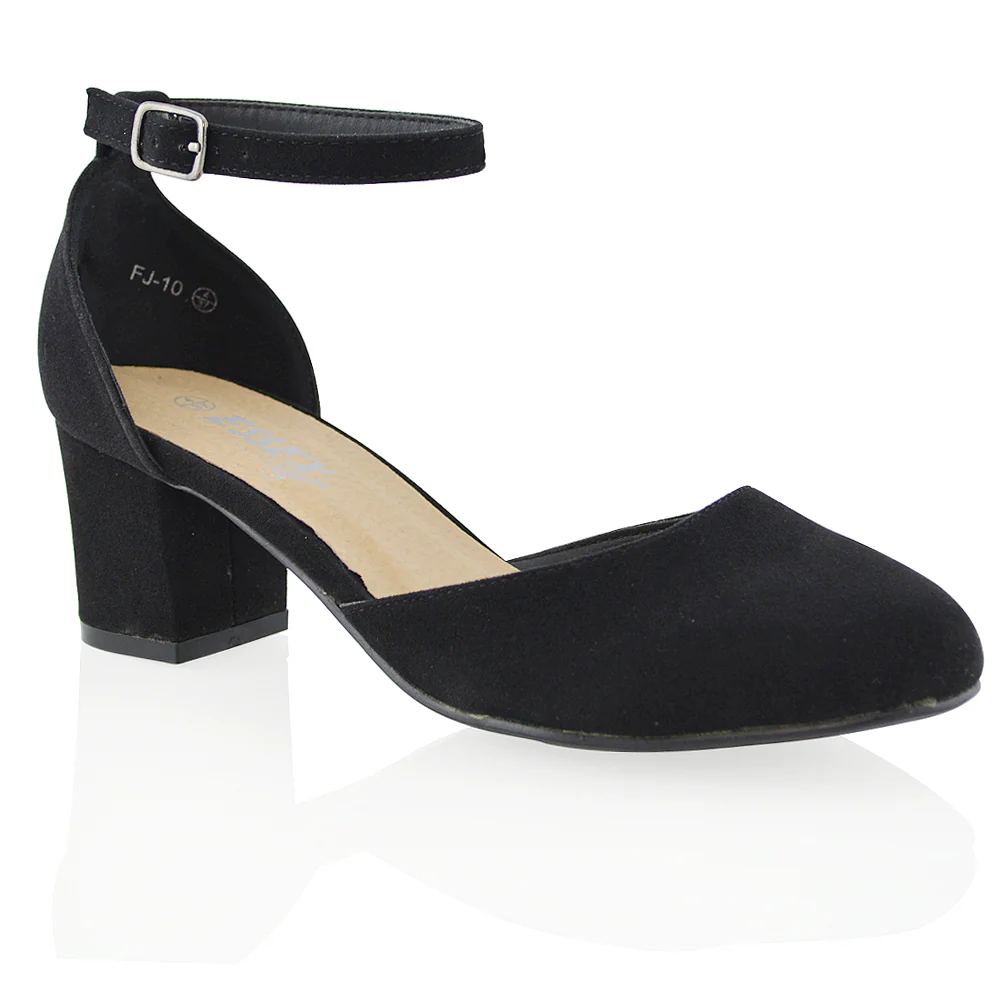 Billie May Womens Chunky Strappy Mid Block Heels Fashion Court Shoes In Black Faux Suede - Image 7