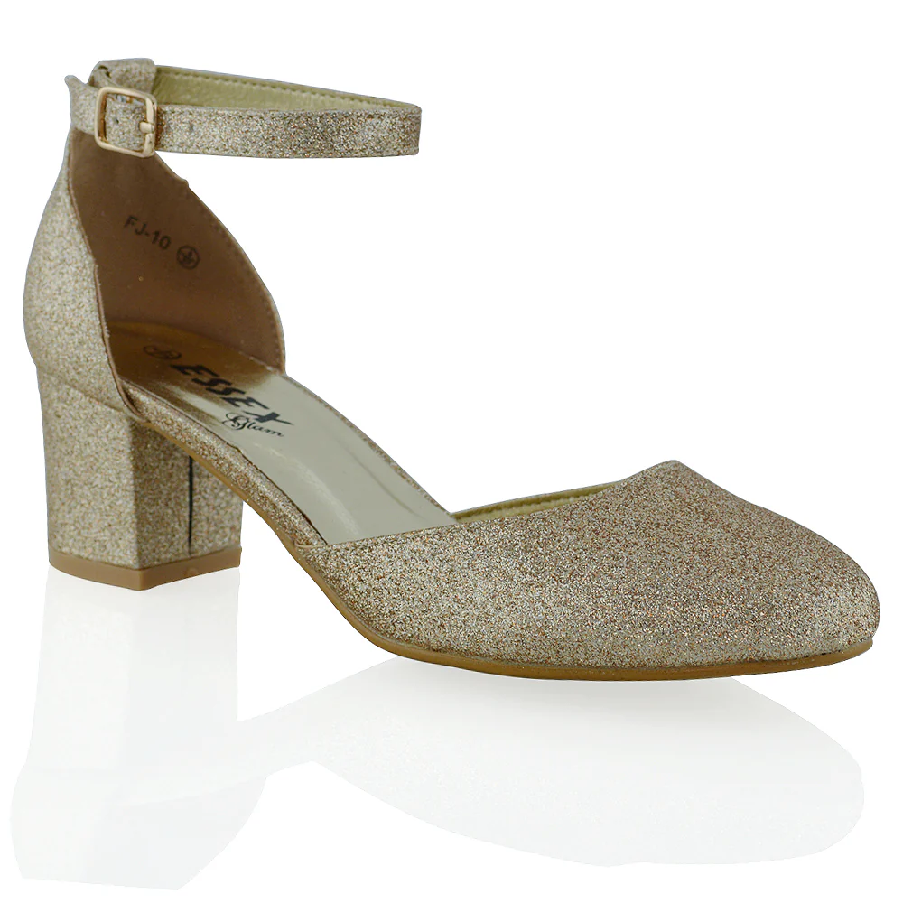BILLIE-MAY CHUNKY STRAPPY MID BLOCK HIGH HEELS COURT SHOES IN GOLD GLITTER - Image 10