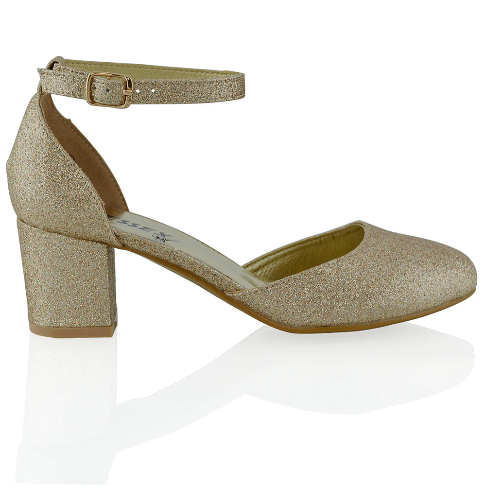 BILLIE-MAY CHUNKY STRAPPY MID BLOCK HIGH HEELS COURT SHOES IN GOLD GLITTER - Image 17