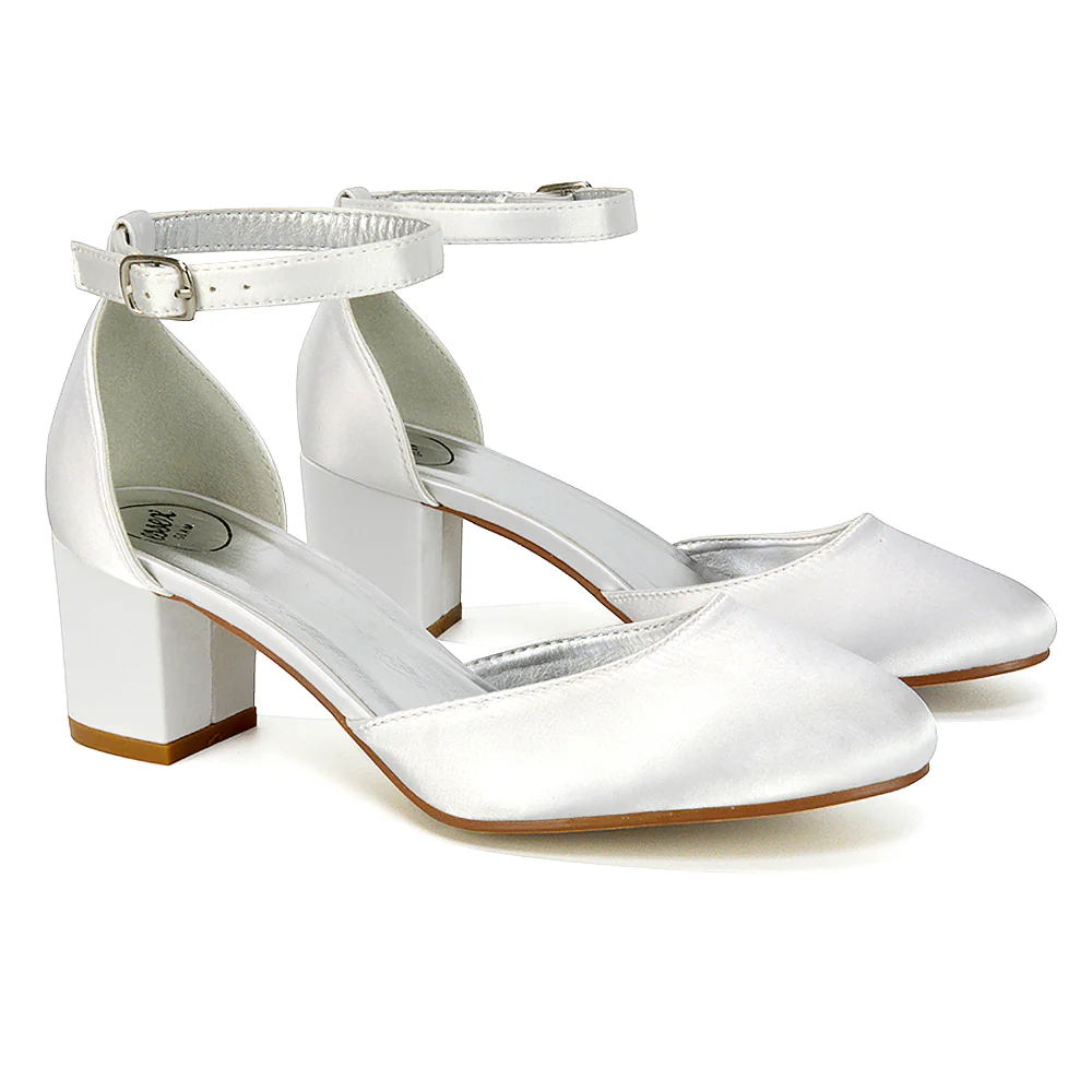 Billie May Womens Chunky Strappy Mid Block Heels Fashion Court Shoes In Ivory Satin - Image 34