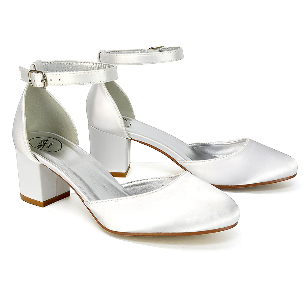 Billie May Womens Chunky Strappy Mid Block Heels Fashion Court Shoes In Ivory Satin - Image 6