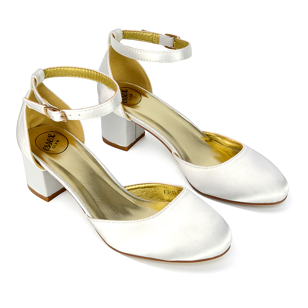 Billie May Womens Chunky Strappy Mid Block Heels Fashion Court Shoes In Ivory Satin - Image 64