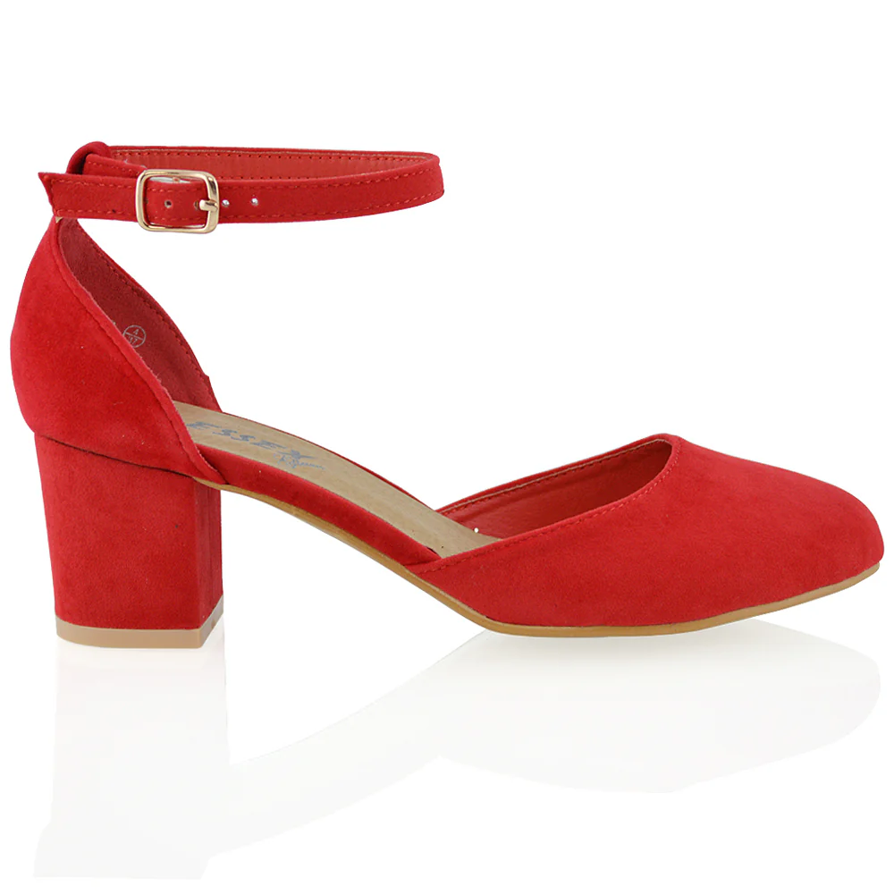 Billie May Womens Chunky Strappy Mid Block Heels Fashion Court Shoes IN RED - Image 14