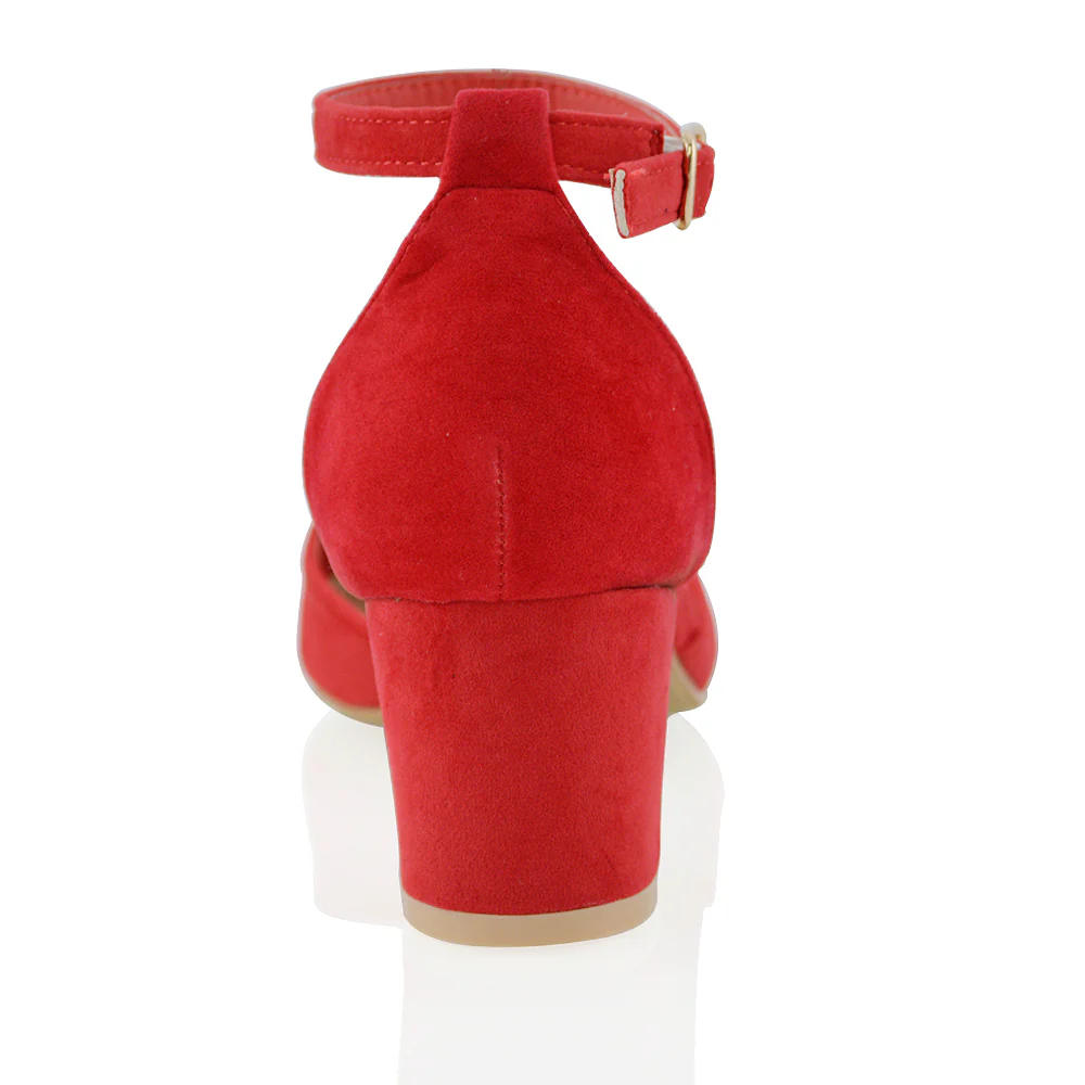 Billie May Womens Chunky Strappy Mid Block Heels Fashion Court Shoes IN RED - Image 3