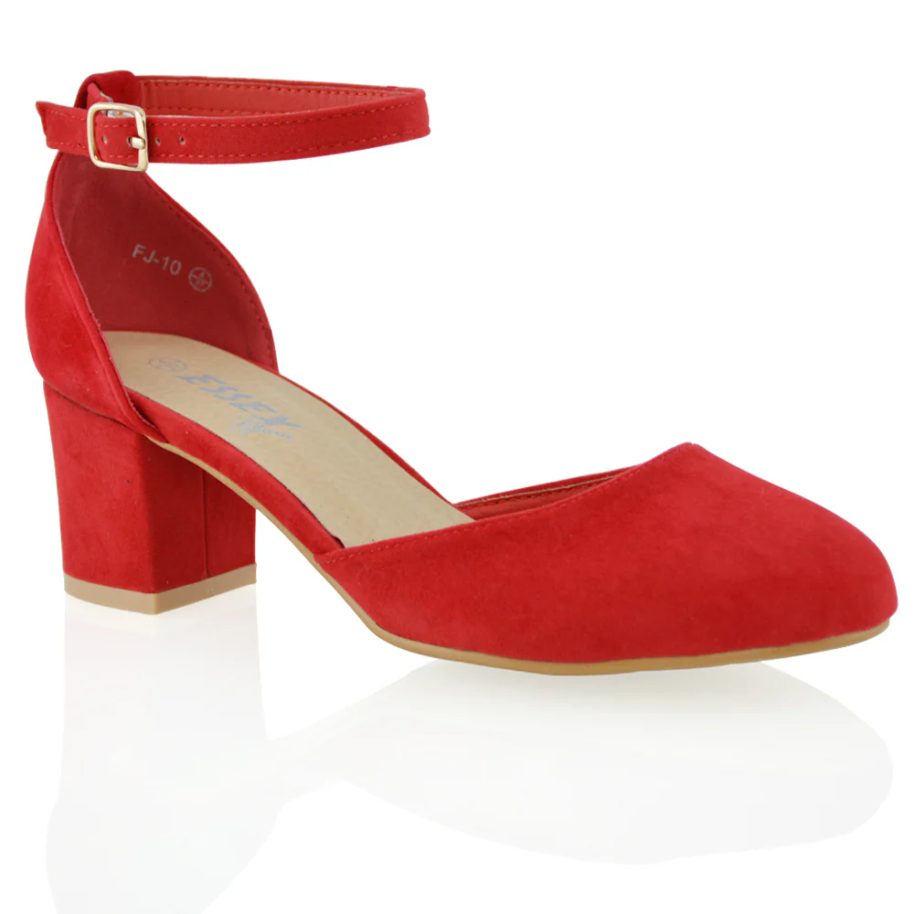 Billie May Womens Chunky Strappy Mid Block Heels Fashion Court Shoes IN RED - Image 7
