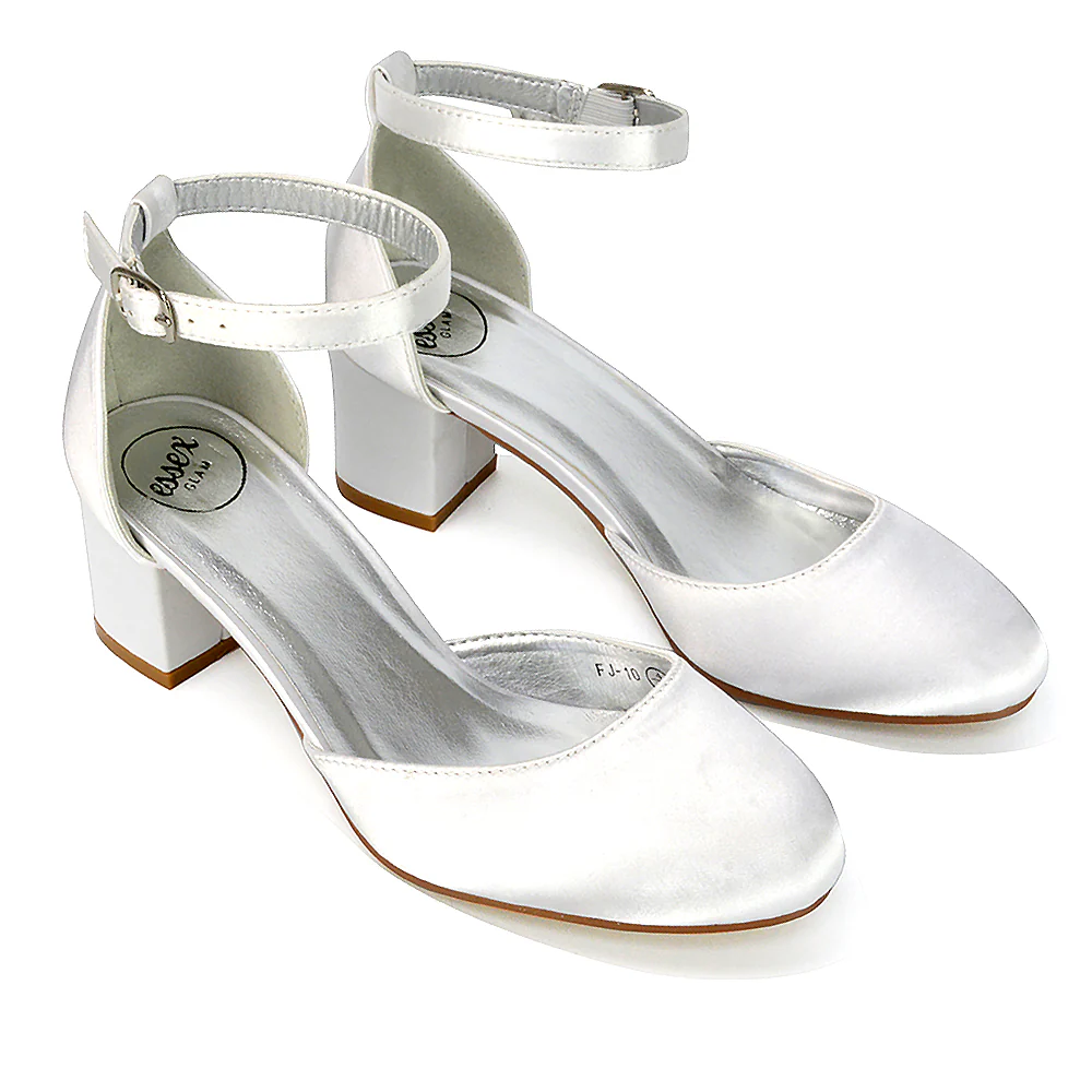 BILLIE-MAY CHUNKY STRAPPY MID BLOCK HIGH HEELS COURT SHOES IN WHITE SATIN - Image 20
