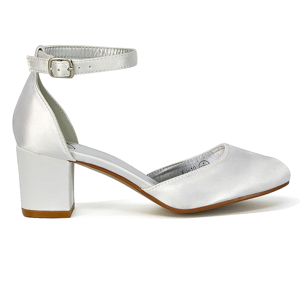 BILLIE-MAY CHUNKY STRAPPY MID BLOCK HIGH HEELS COURT SHOES IN WHITE SATIN - Image 3