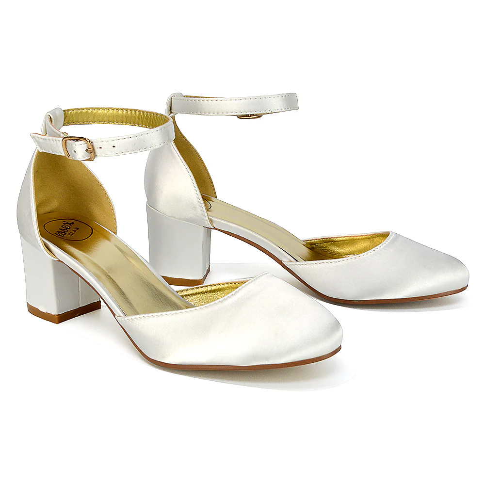BILLIE-MAY CHUNKY STRAPPY MID BLOCK HIGH HEELS COURT SHOES IN WHITE SATIN - Image 46