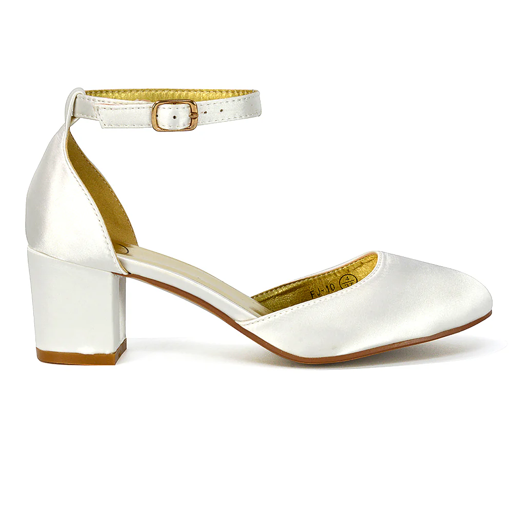 BILLIE-MAY CHUNKY STRAPPY MID BLOCK HIGH HEELS COURT SHOES IN WHITE SATIN - Image 48