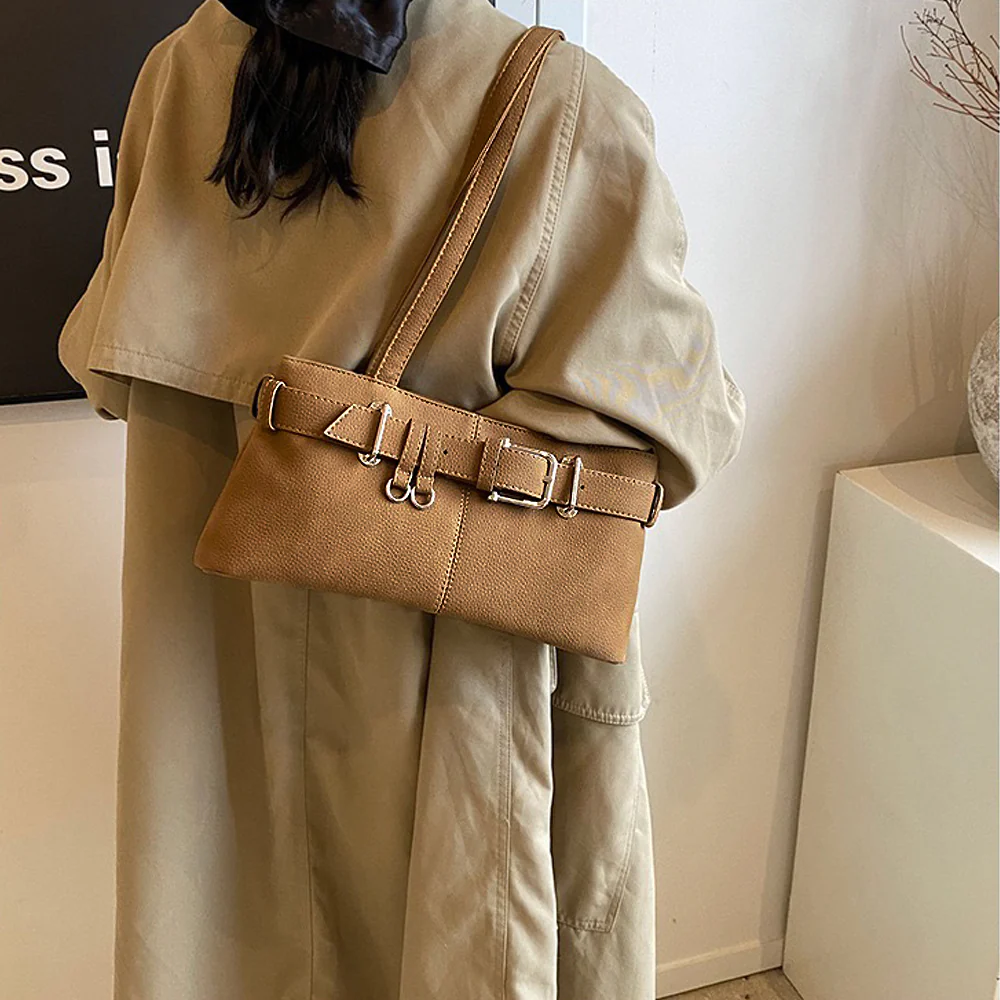Blair Zip Up Faux Leather Shoulder Bag With Belt Detail Buckle in Brown - Image 16