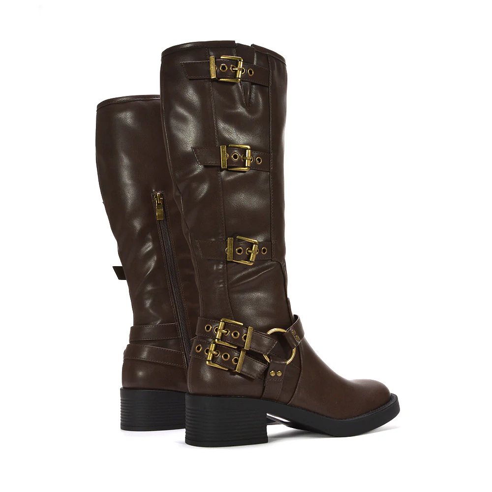 Blake Cobra Buckle Harness Knee High Square Toe Biker Boots in Black Synthetic Leather - Image 11