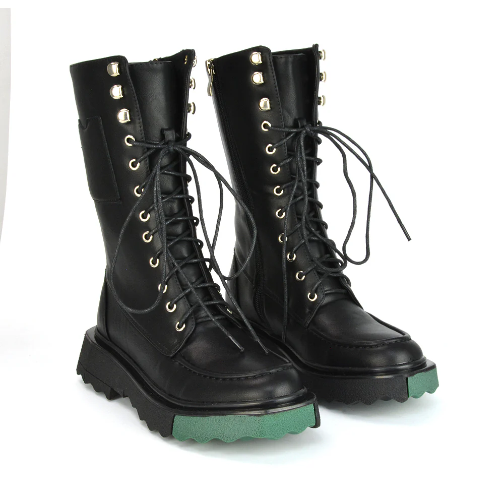 Blakely Flat Wedge Green Sole Biker Lace Up Ankle Boots in Black Synthetic Leather - Image 17