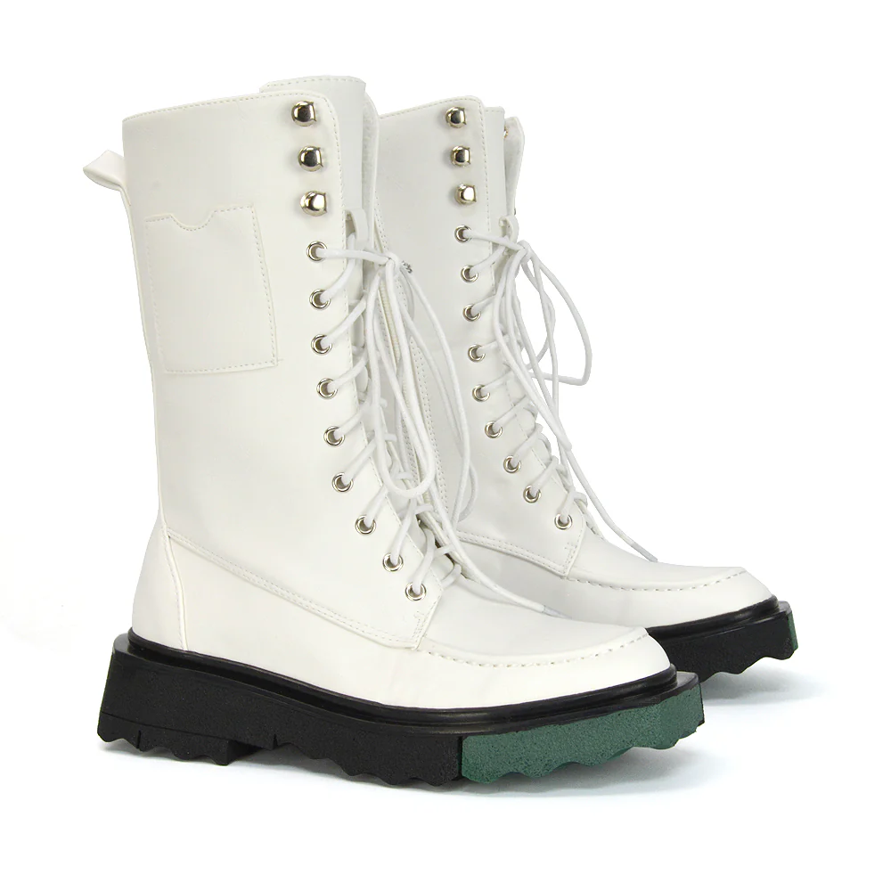 Blakely Flat Wedge Green Sole Biker Lace Up Ankle Boots in Black Synthetic Leather - Image 36
