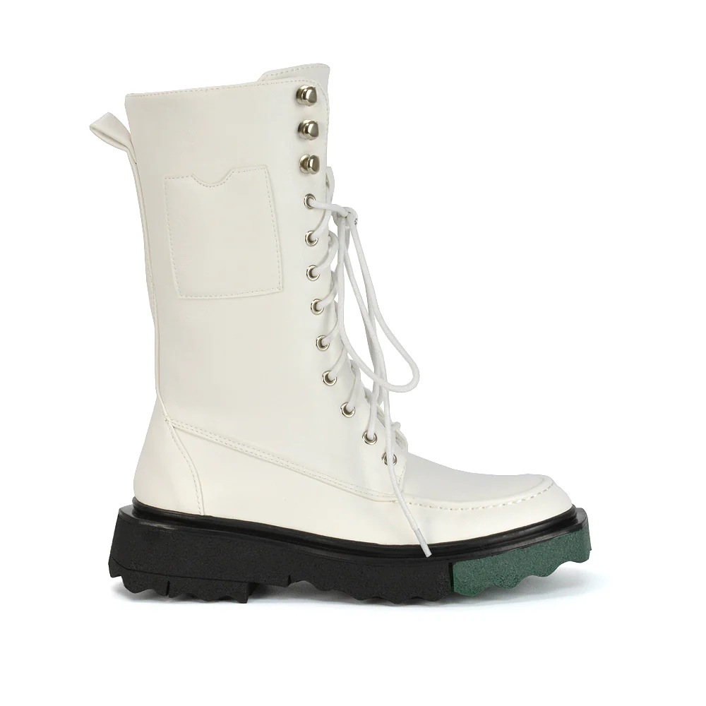 Blakely Flat Wedge Green Sole Biker Lace Up Ankle Boots in Black Synthetic Leather - Image 39