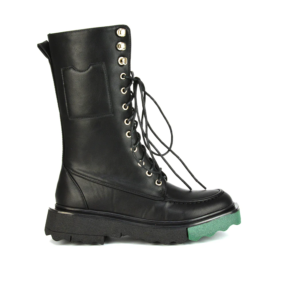 Blakely Flat Wedge Green Sole Biker Lace Up Ankle Boots in Black Synthetic Leather - Image 7
